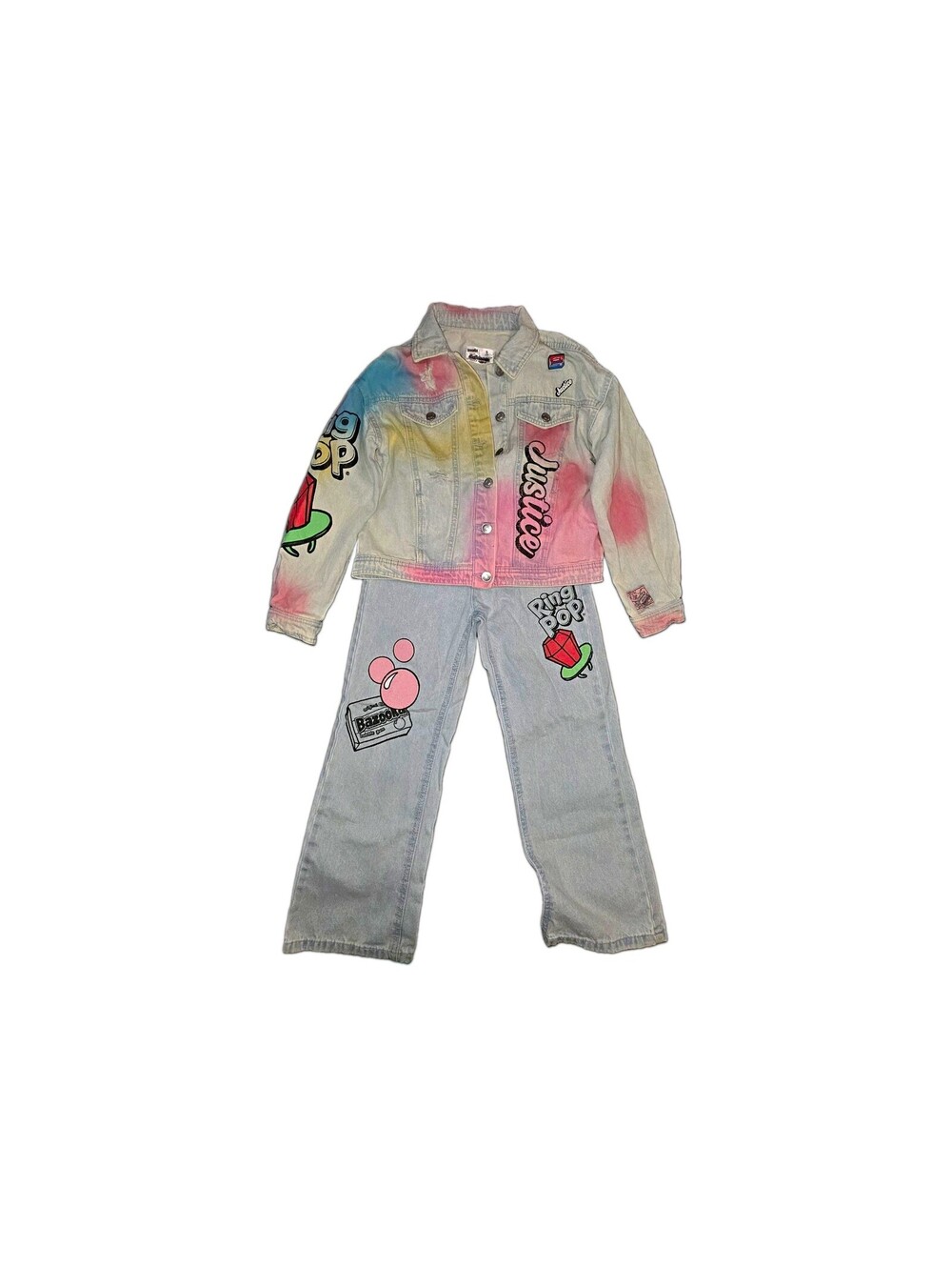 Justice Girls Denim Jacket & Pants 2pc Set Size 7 Ring Pop Bazooka Graphic